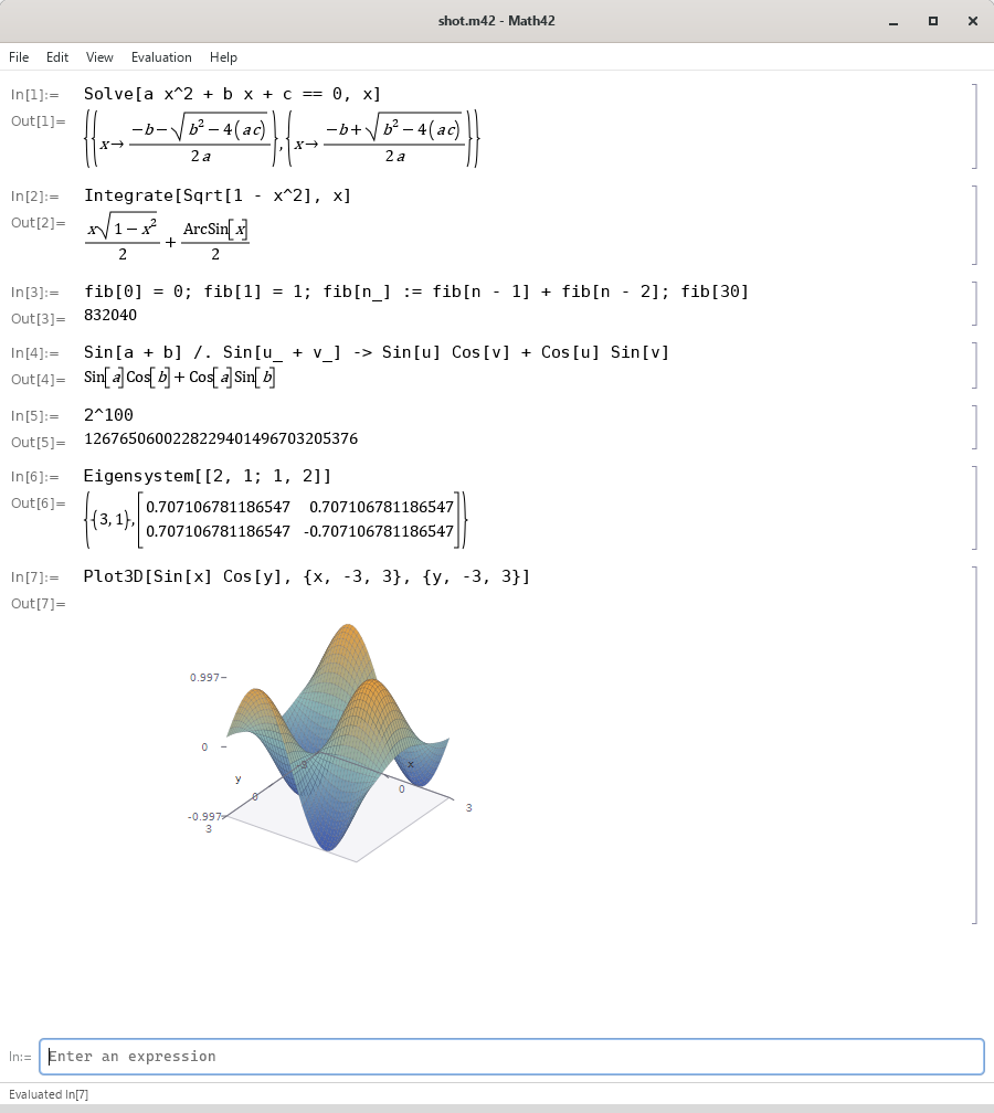 math42: a notebook of input and output cells, with fractions, an integral, a matrix and a plot