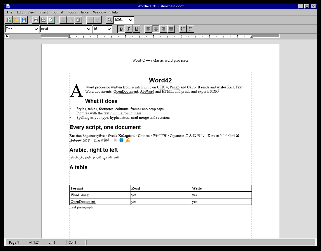 word42 in page-layout view: a document with a title, headings, a bulleted list, a dropped capital and a table, on the page it will be printed on